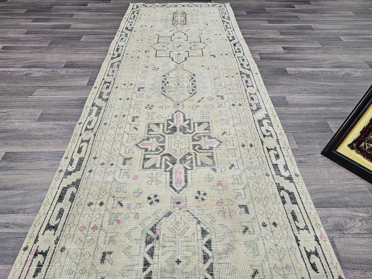 Vintage Turkish Oushak Wool Runner Rug: 3x12 Neutral Hallway Carpet