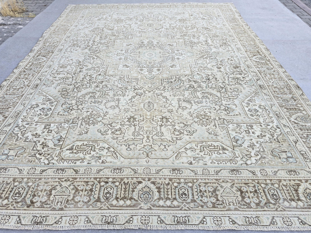 Oushak Rug 9x12:  High Quality Neutral Vintage Turkish Wool Area Rug 9.35x12.15 ft.