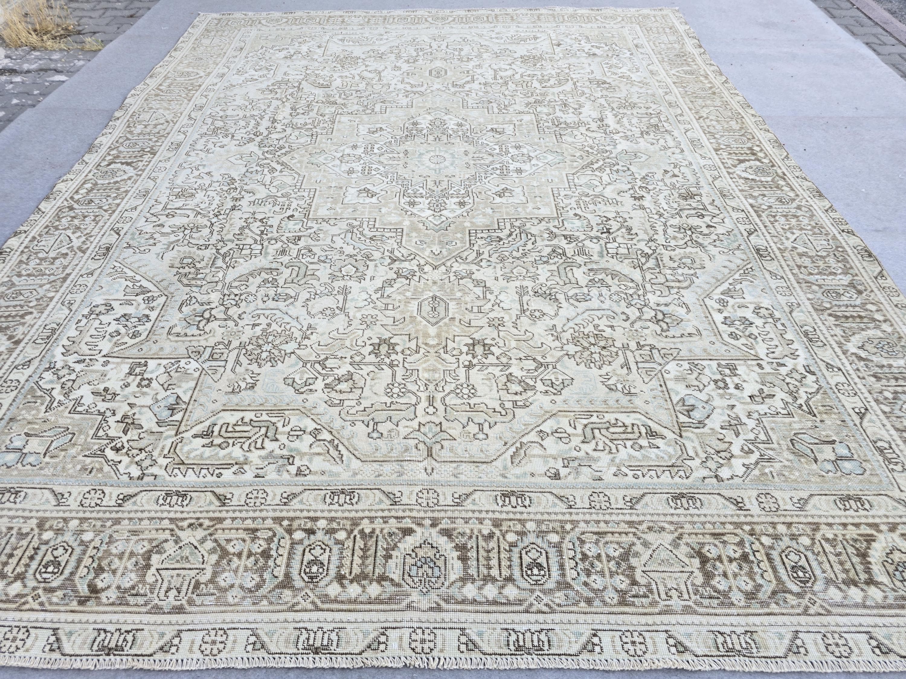 Oushak Rug 9x12:  High Quality Neutral Vintage Turkish Wool Area Rug 9.35x12.15 ft.