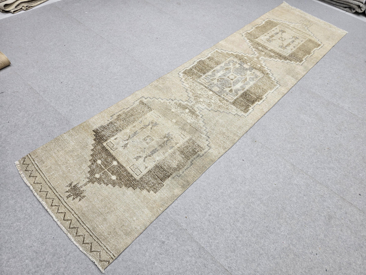 Vintage Runner Rug 3x12, Cream and Brown Medallion Hallway Runner, Long Wool Living Room Rug, Neutral Corridor Runner for 12 ft Decor