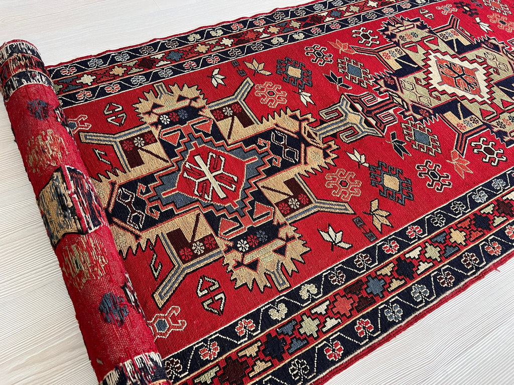 Vintage Heriz Runner Rug: Hand-Knotted Wool Geometric Design