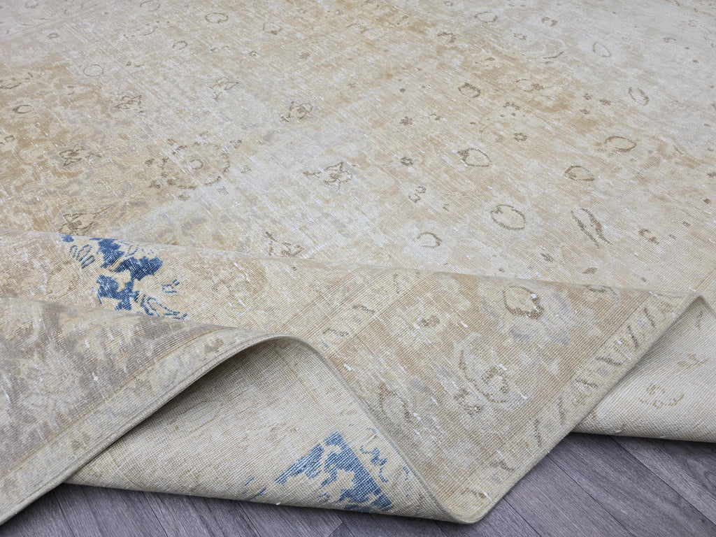 Vintage Turkish Oushak Rug 9x12: Handmade Wool Cream & Blue Boho Carpet