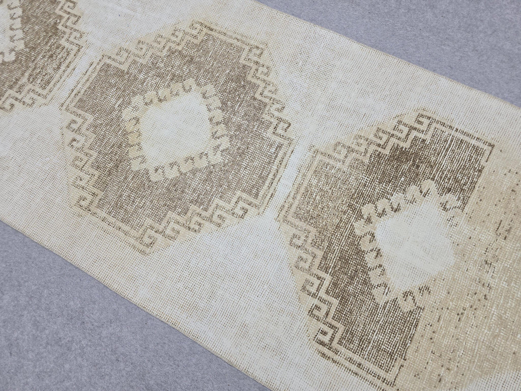 Oushak Rug 3x12, Distressed Neutral Runner, Hand Knotted Wool Turkish Runner, Faded Oatmeal Hallway Rug, Vintage Boho Stair Carpet