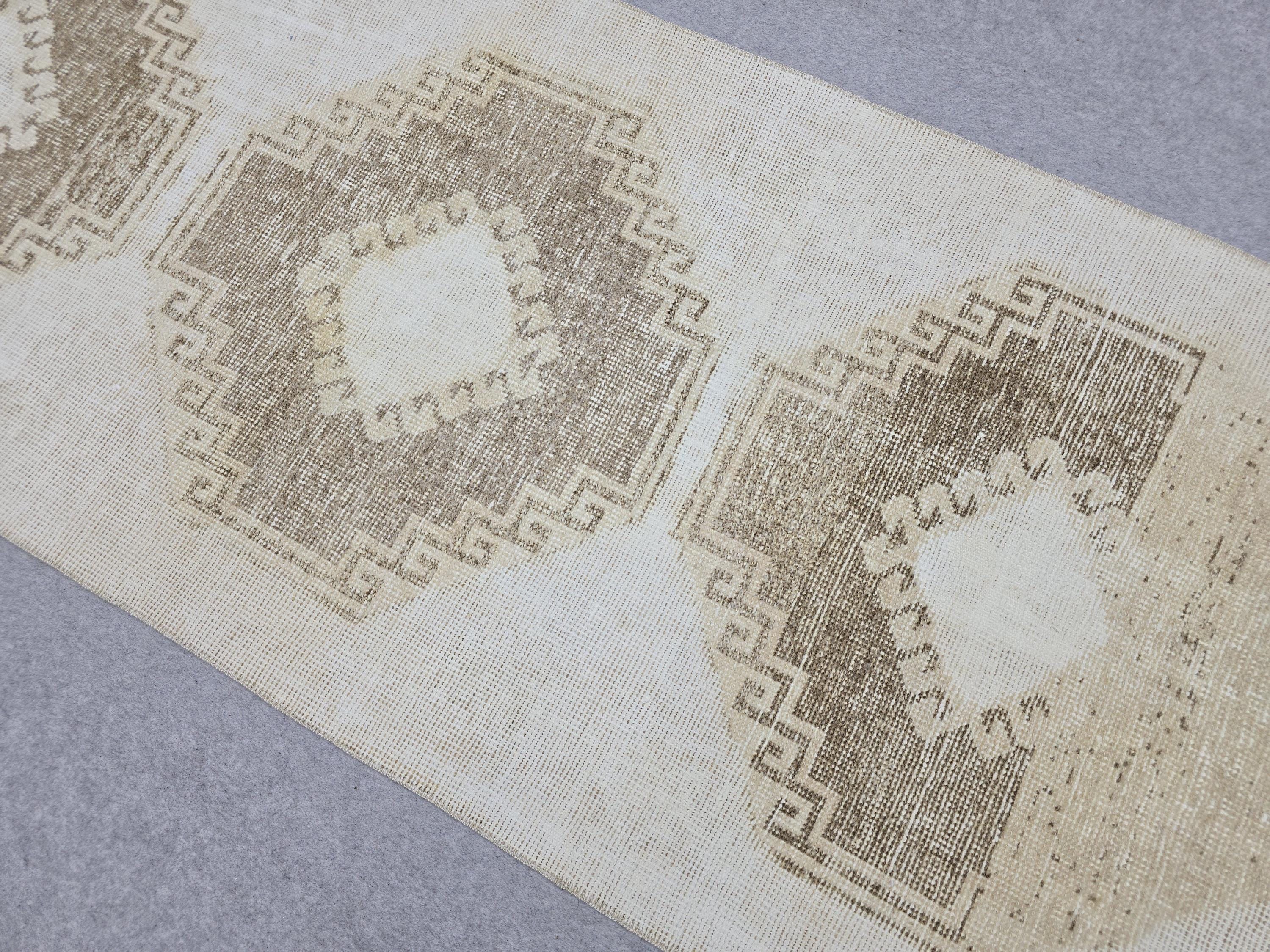 Oushak Rug 3x12, Distressed Neutral Runner, Hand Knotted Wool Turkish Runner, Faded Oatmeal Hallway Rug, Vintage Boho Stair Carpet