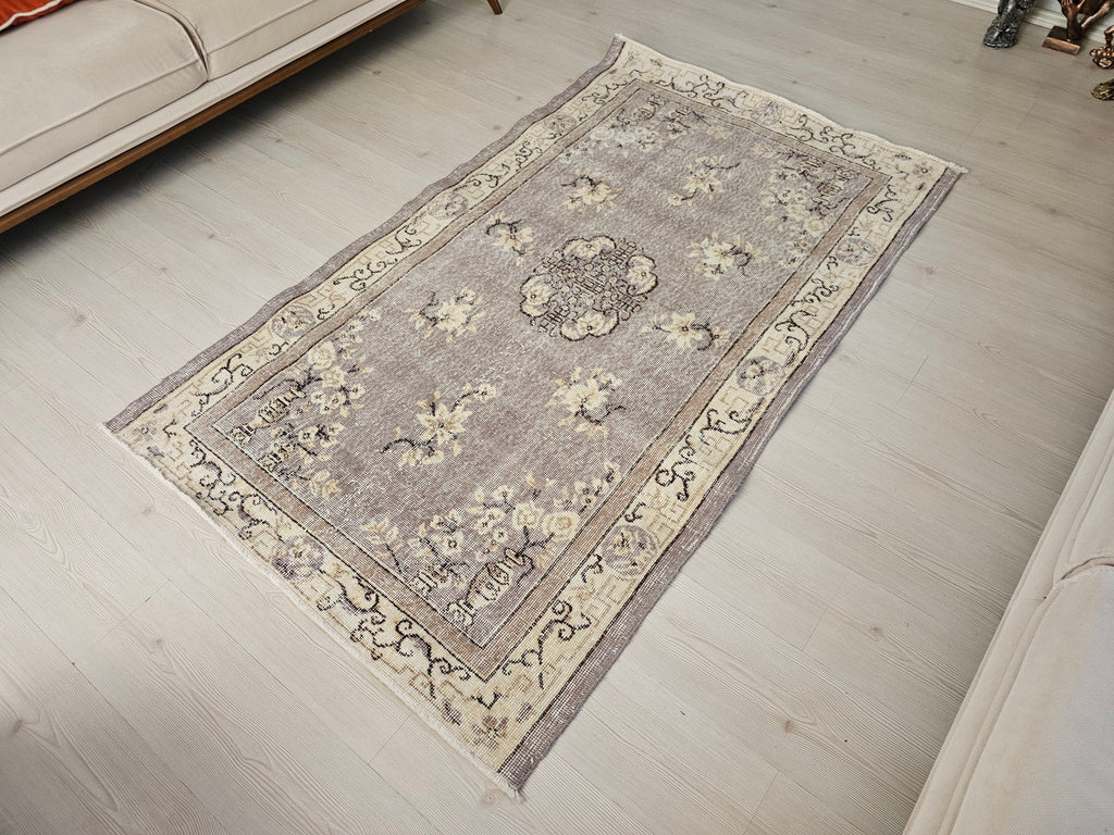 4x6 Vintage Turkish Oushak Rug: Hand-Knotted Organic Wool Small Rug