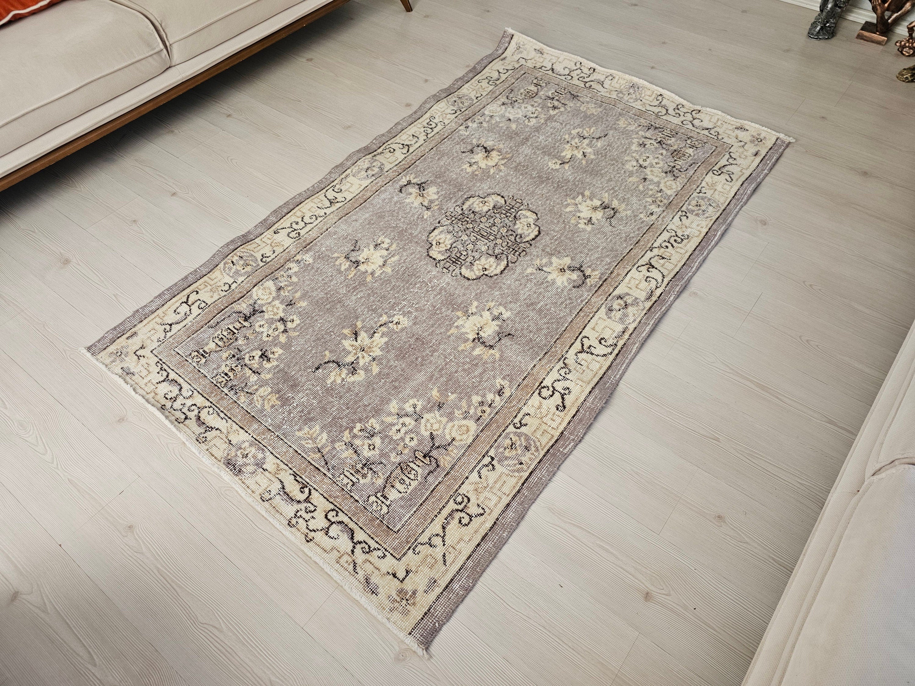 4x6 Vintage Turkish Oushak Rug: Hand-Knotted Organic Wool Small Rug