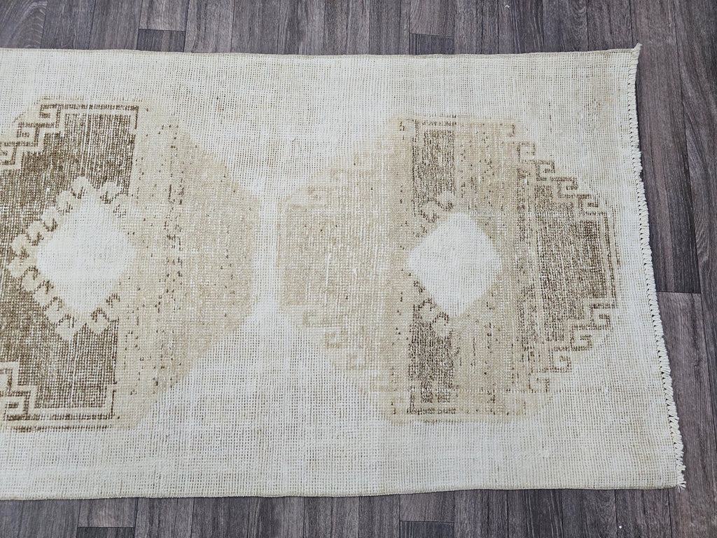 Hand Knotted Wool Turkish Runner 3x12: Neutral Oushak Hallway Rug
