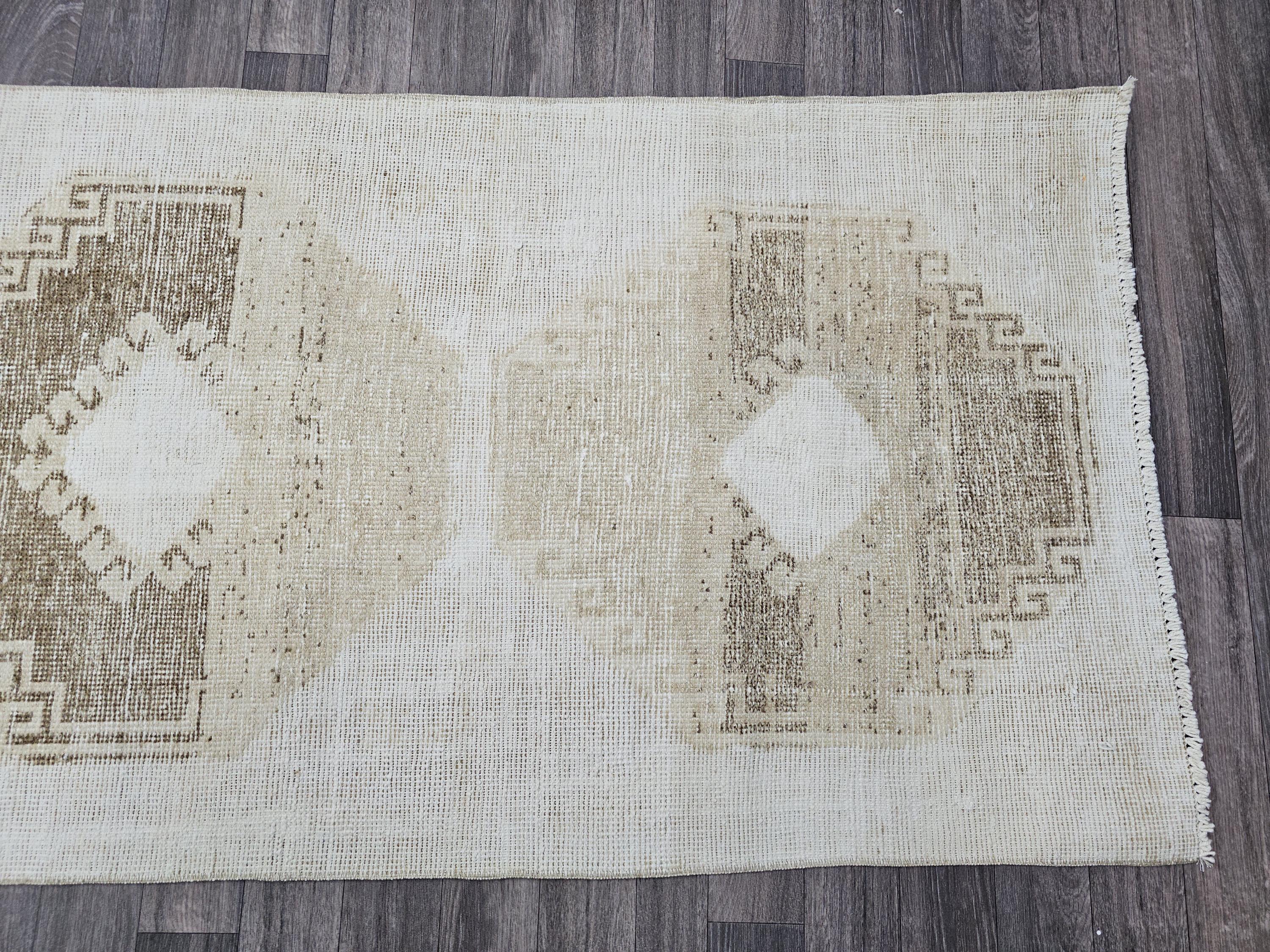 Hand Knotted Wool Turkish Runner 3x12: Neutral Oushak Hallway Rug