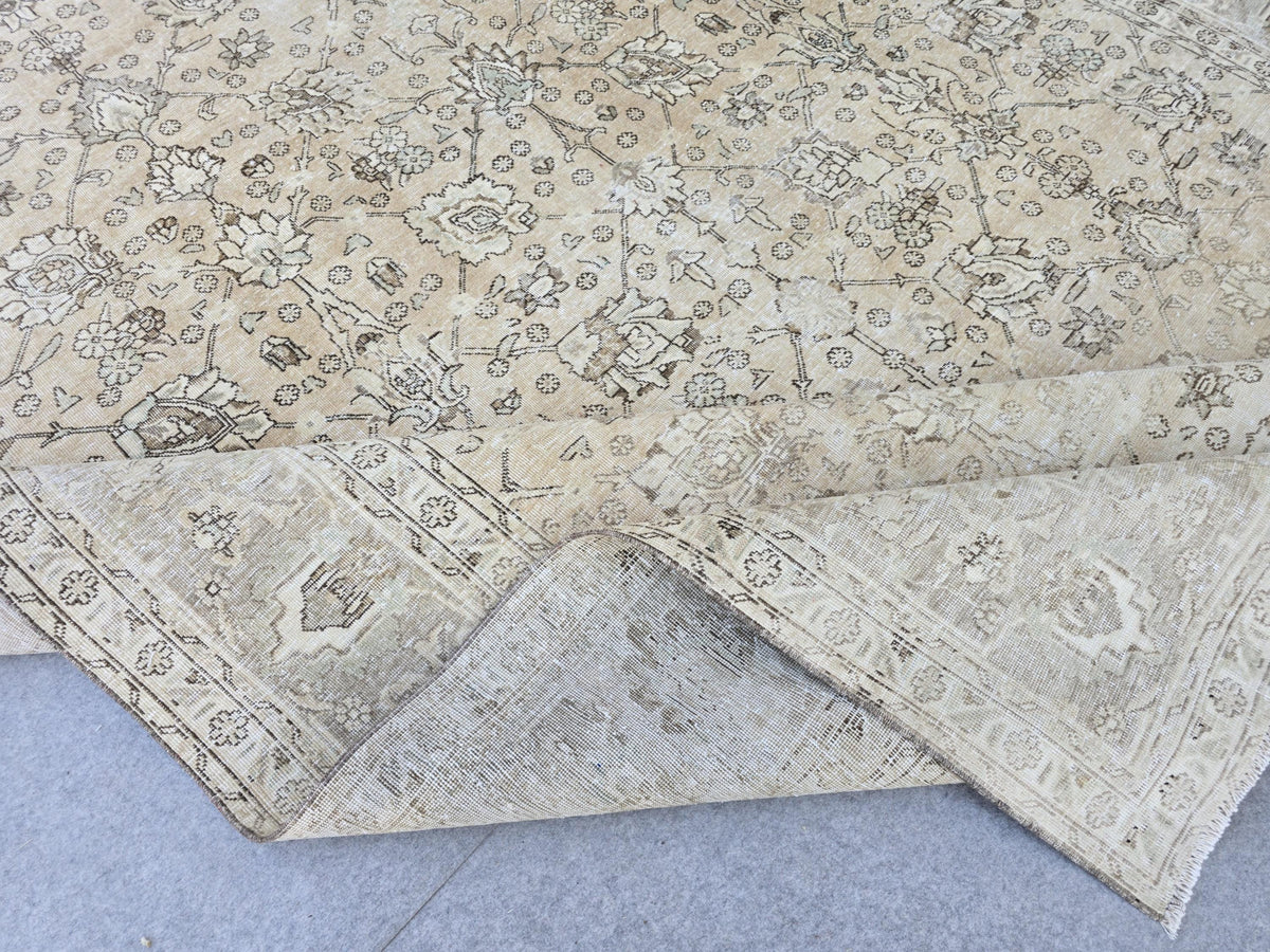 Oushak Rug 9x12, All Over Floral Turkish Carpet, Faded Sand Beige Vintage Wool Area Rug, Living Room Farmhouse Boho Decor Neutral Rug