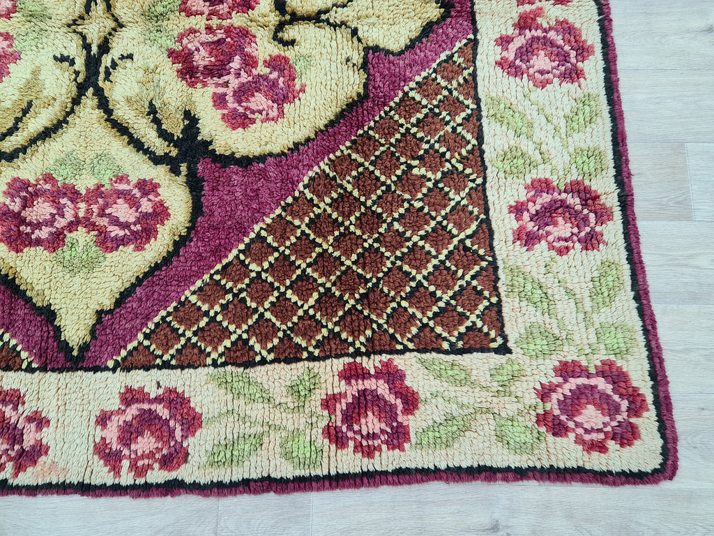 Hand Knotted Wool Oushak Rug: Vintage Turkish High Pile Carpet (6.3x7.25 ft)