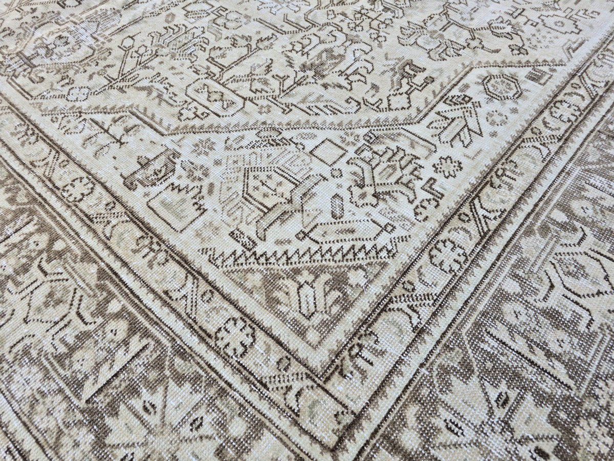 Vintage Turkish Rug, Neutral Beige 8x11 Area Rug, Handwoven Distressed Medallion Rug