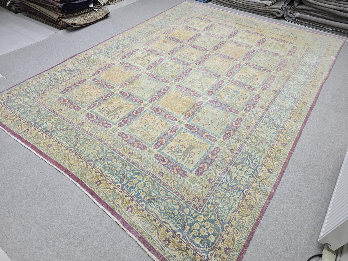 Vintage Rug 10x13 Antique 1910s Hand Knotted Wool Rug | Soft Blue Wheat Mauve | Living Room Dining Boho Decor