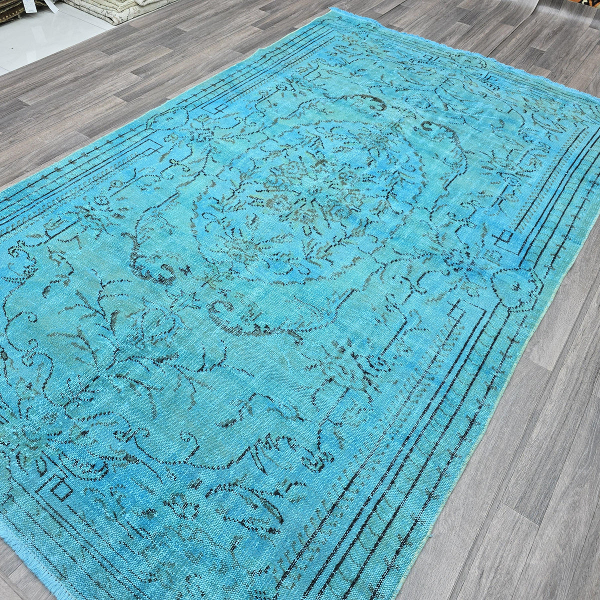 Vintage Overdyed Turquoise Turkish Rug - 6x9.6 ft Oushak Bohemian Area Rug