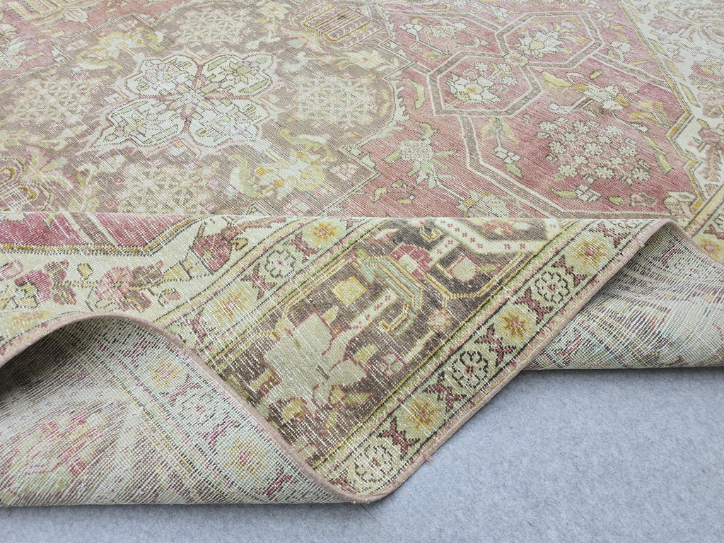 10x13 Vintage Turkish Wool Rug, Rose Pink Geometric Medallion, Distressed Area Carpet