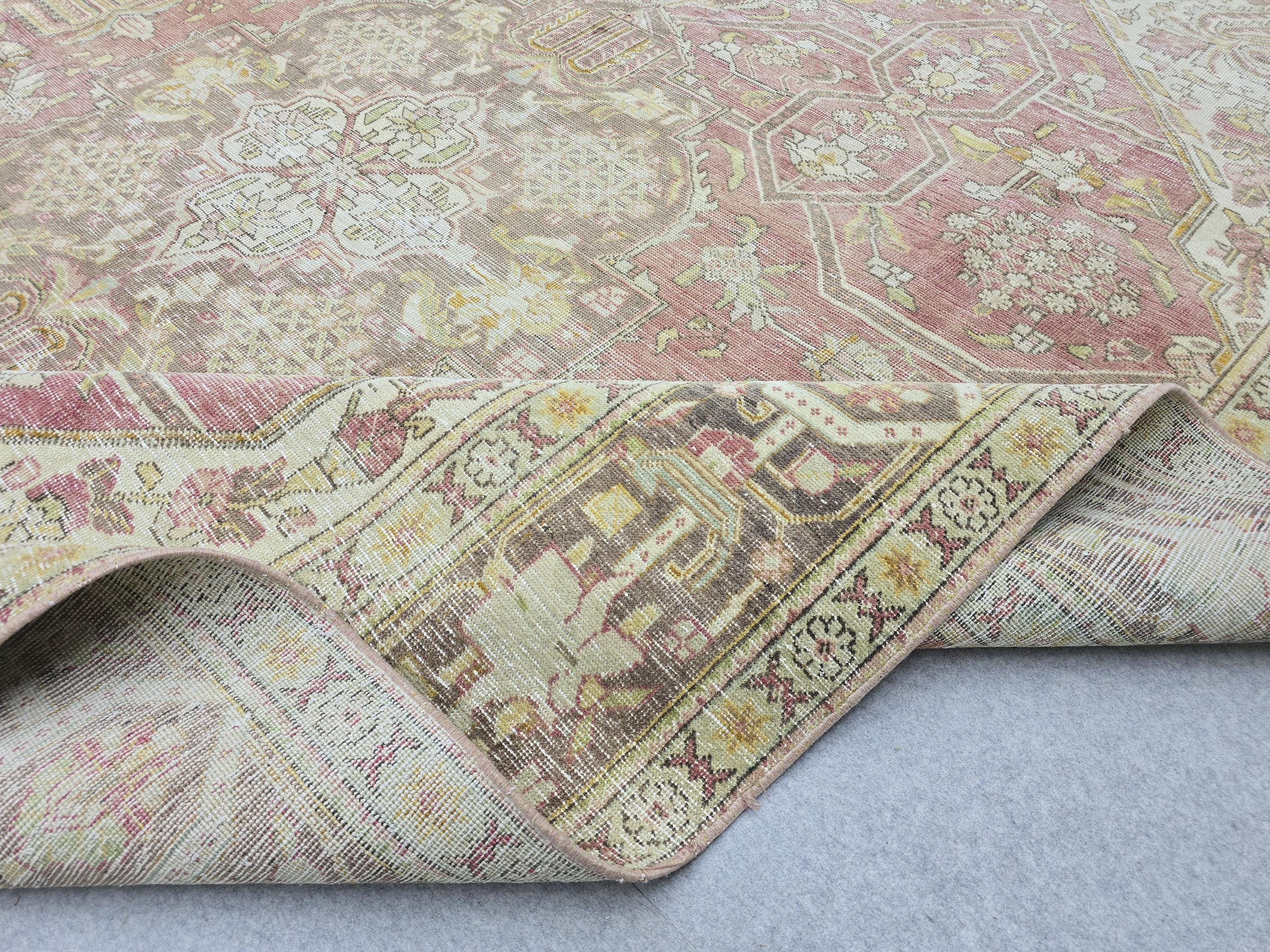 10x13 Vintage Turkish Wool Rug, Rose Pink Geometric Medallion, Distressed Area Carpet