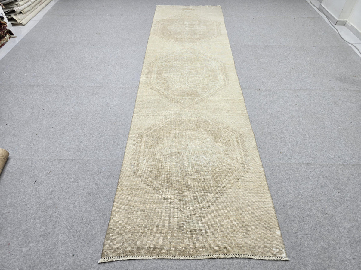 Vintage Runner Rug 3.5x12, Extra Long Sand Beige Hallway Runner, Muted Wool Corridor Rug, Neutral Stair Runner for Living Room Decor