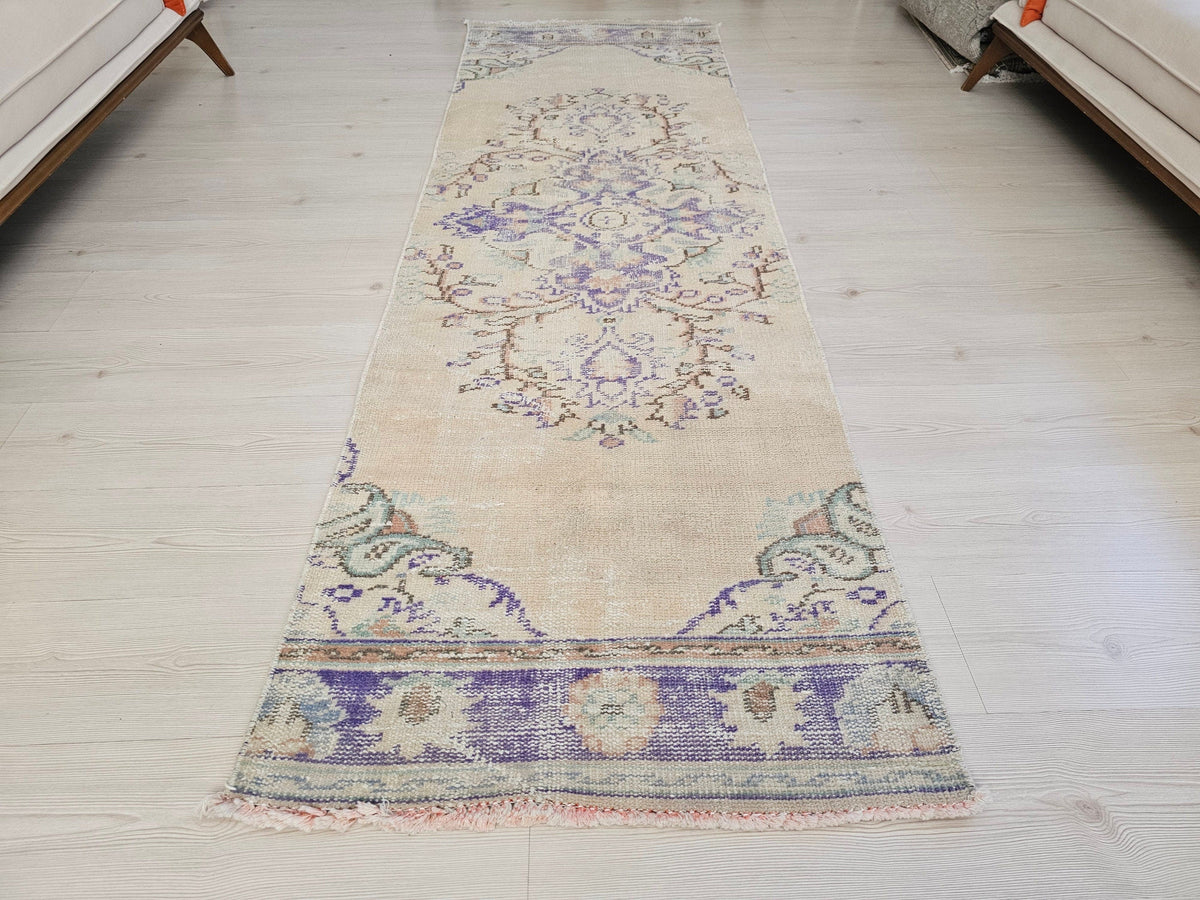 3x8 Authentic Wool HandKnotted Vintage Turkish Oushak Runner Rug // 2.6x8.3 feet