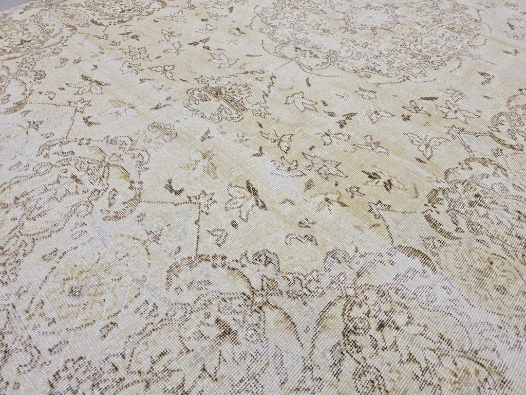 7x10 Oushak Rug Neutral Beige | Vintage Turkish Wool Medallion | Cream Living Room Carpet