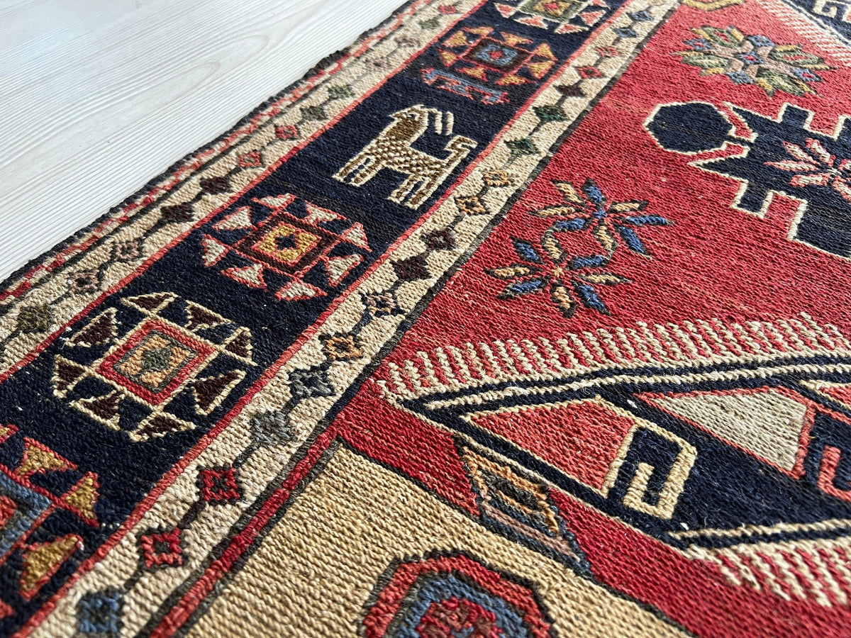 1930's Antique Caucasian Soumak Rug 4x7 - Traditional Wool Soumak Kelim Teppich