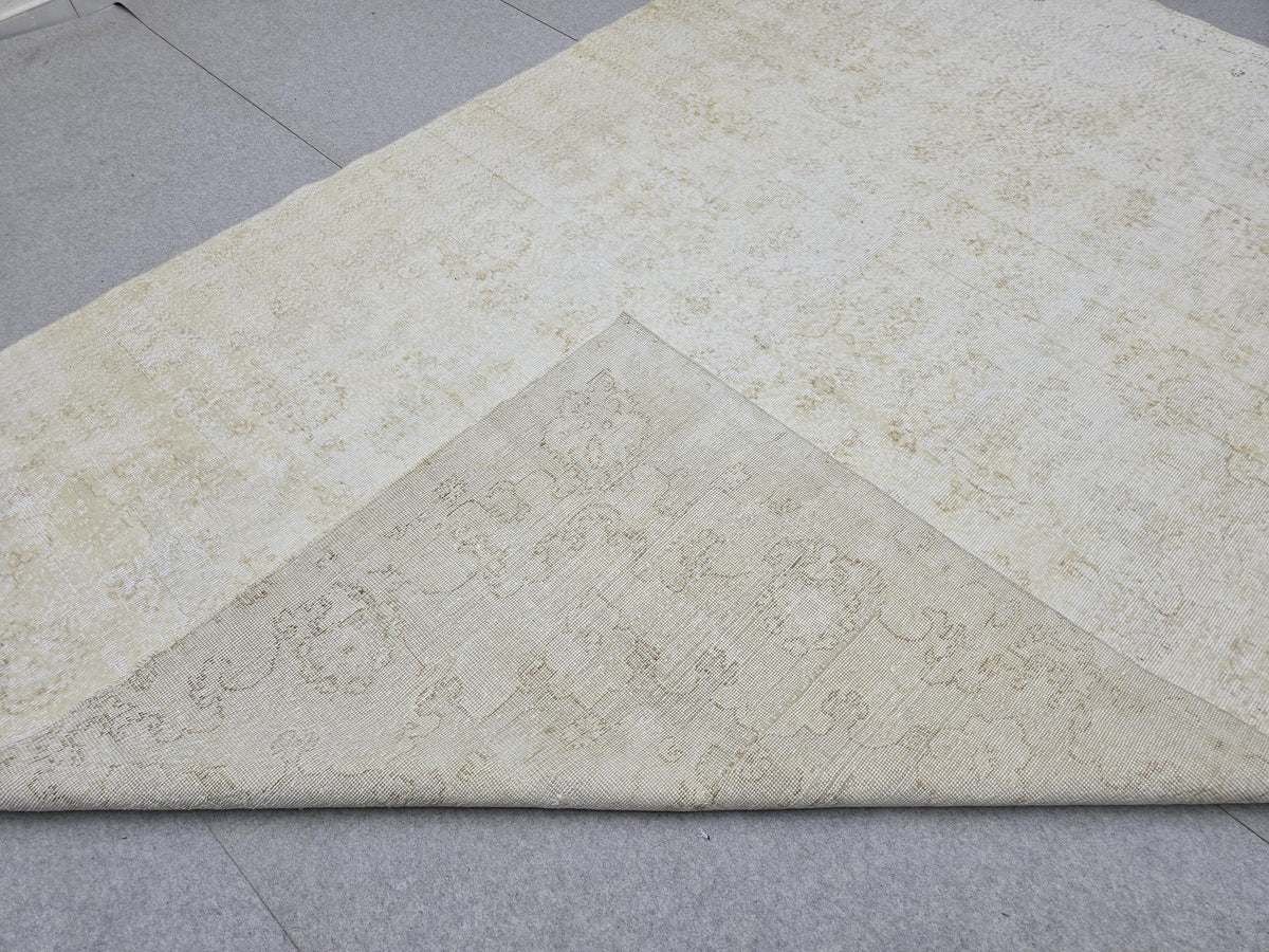 7x10 Handknotted Turkish Oushak Rug, Cream Beige Faded Wool Carpet