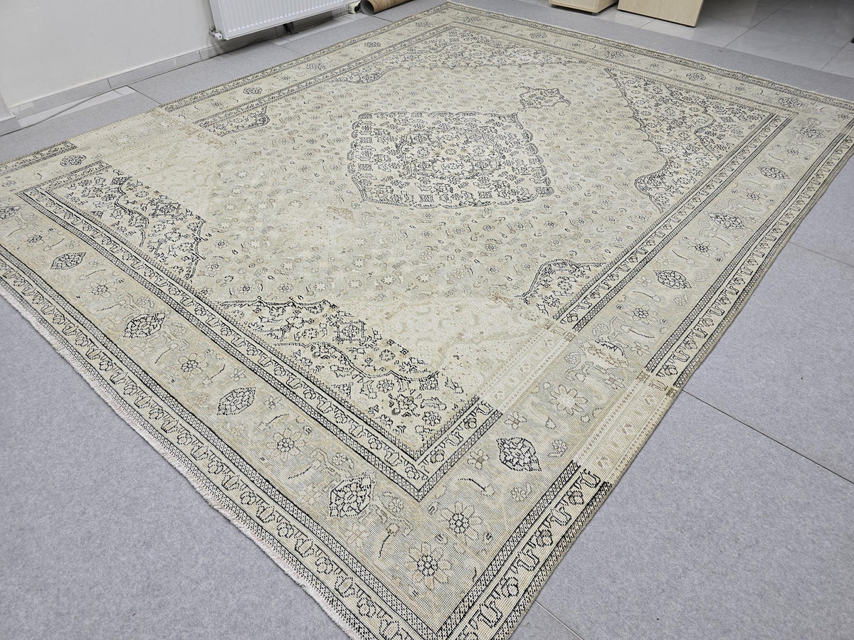10x12 Vintage Rug | Cream Ivory Tabriz Style Hand Knotted Wool Rug | Neutral Beige Turkish Carpet 9x12