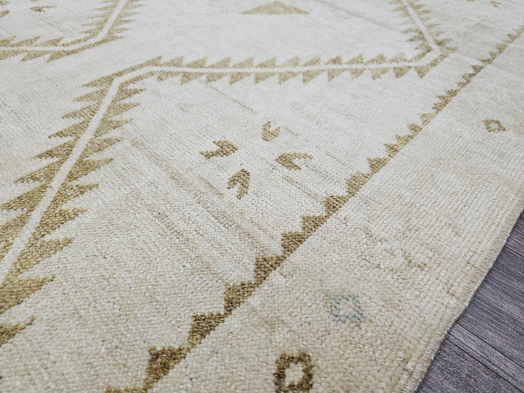 Wide Neutral Turkish Runner Beige Brown Geometric Pale Oushak Runner Handmade //3.40x12.15 feet