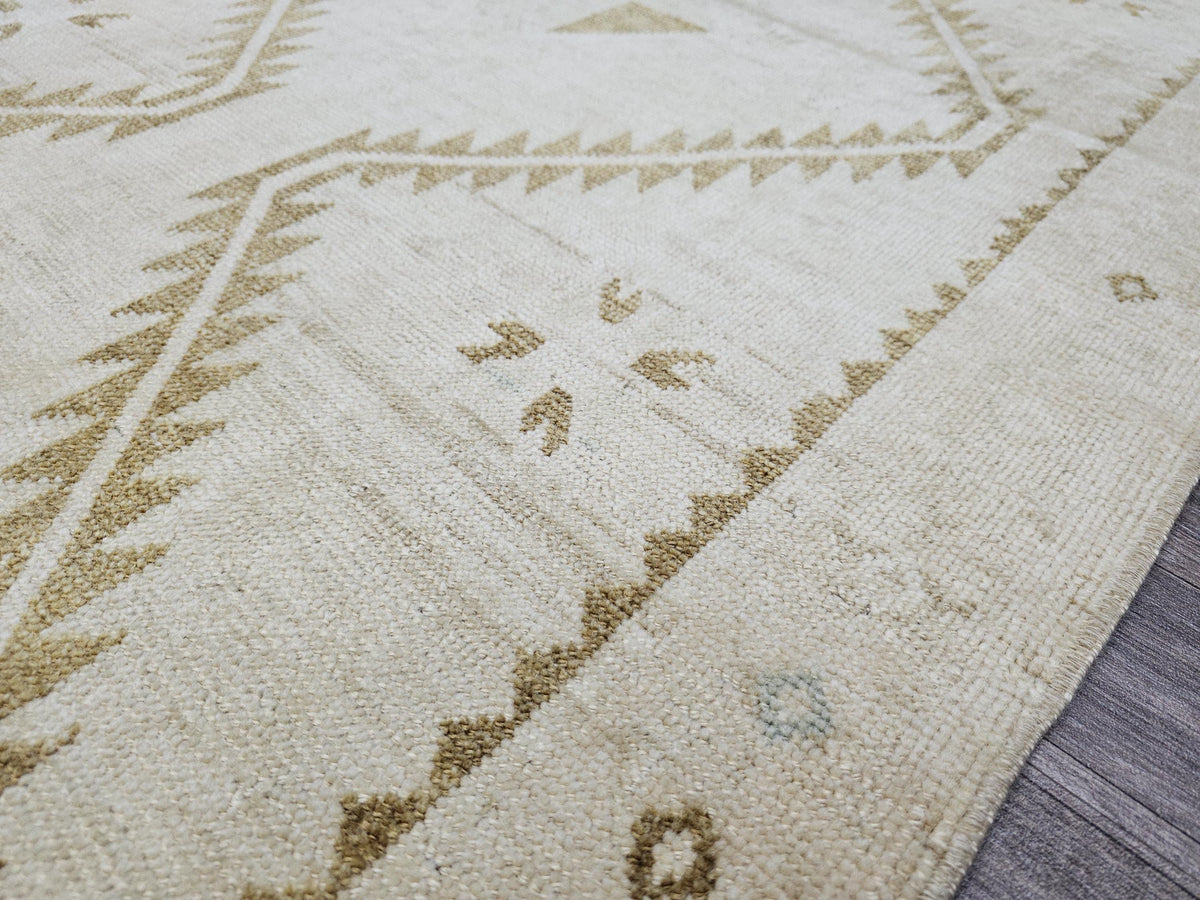 Wide Neutral Turkish Runner Beige Brown Geometric Pale Oushak Runner Handmade //3.40x12.15 feet