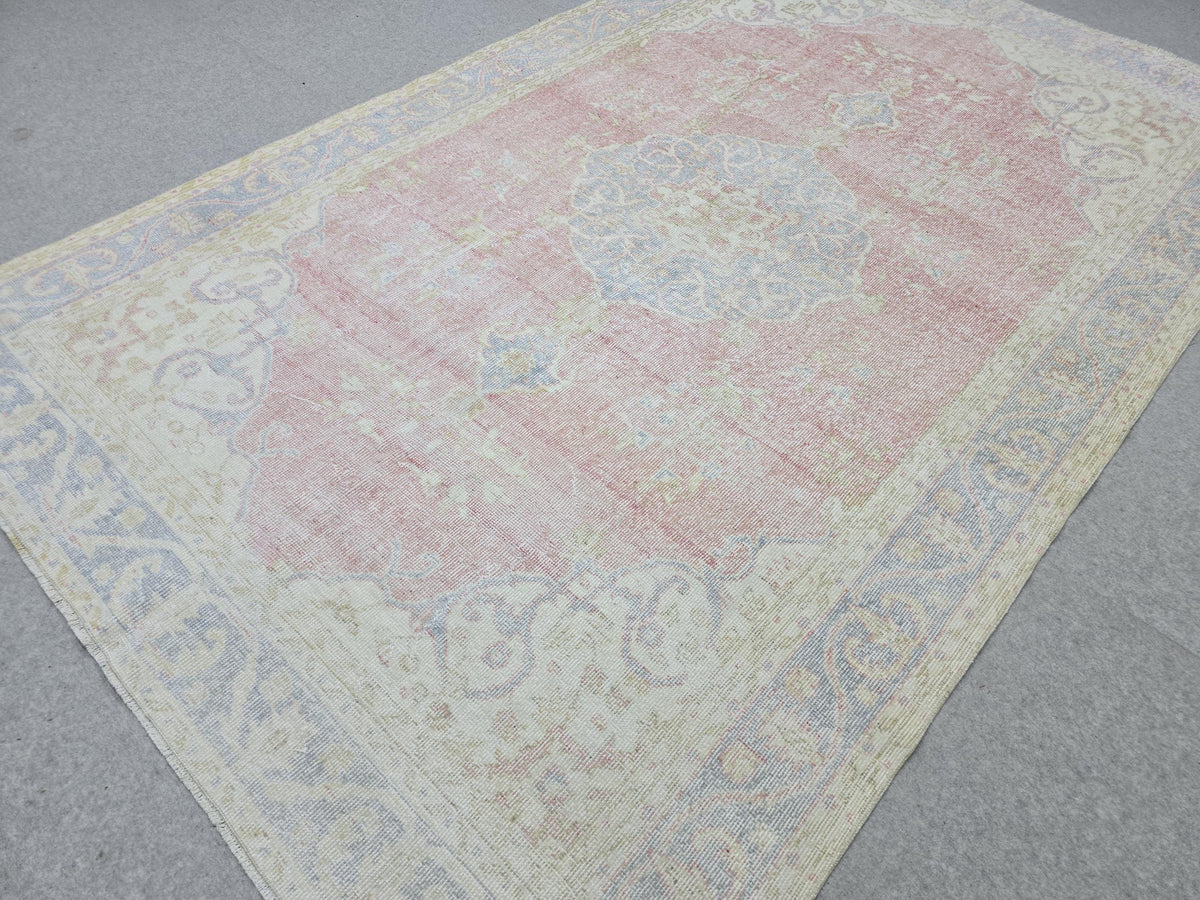 Vintage Anatolian Style Wool Rug 6x9, Pink Blue Medallion