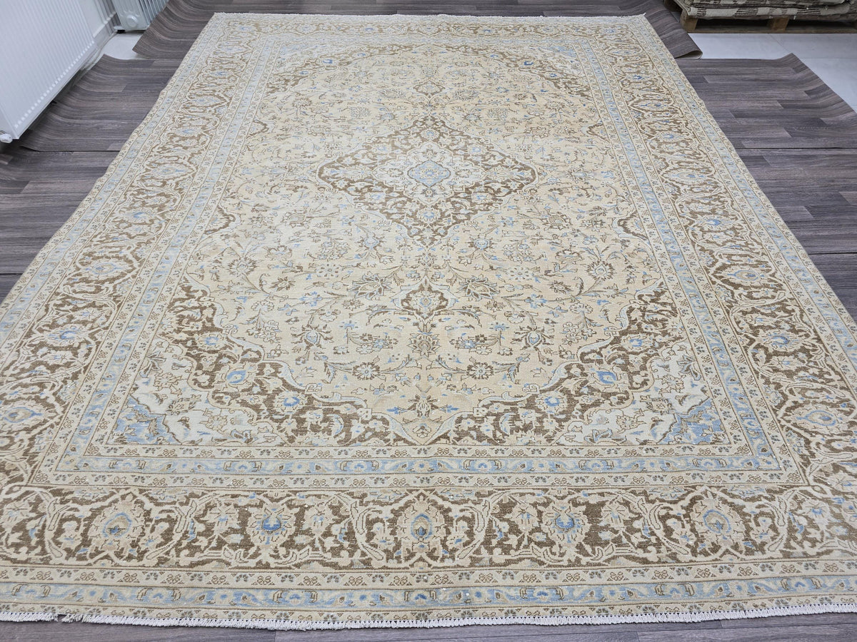 Vintage Oushak Rug 9x12: Handmade Wool, Blue Beige Floral Medallion