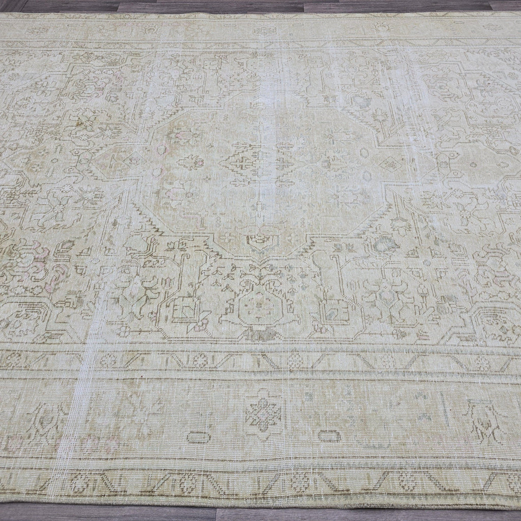 Oushak Rug 8x11: Neutral Vintage Turkish Wool Handmade Carpet, Beige Brown Geometric