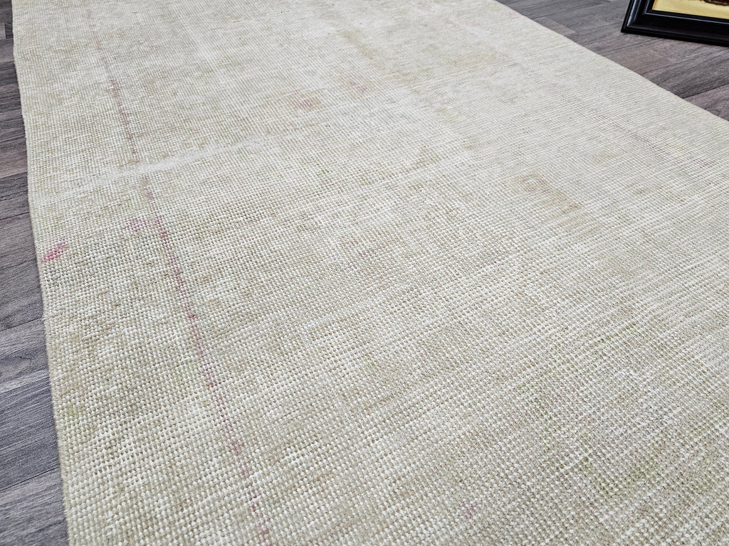 Neutral Turkish Oushak Runner Rug: Vintage Wool Hallway Carpet (3.30x11.90 feet)