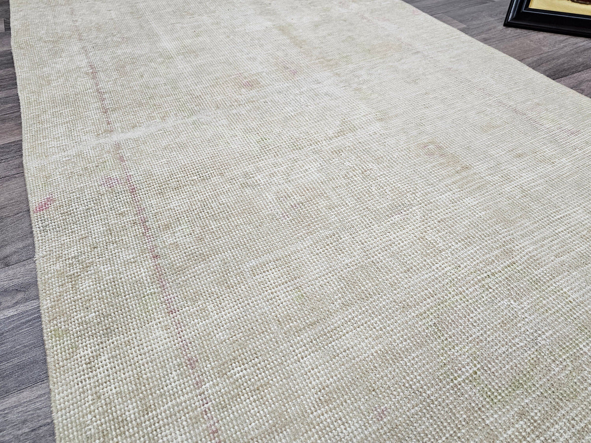 Neutral Turkish Oushak Runner Rug: Vintage Wool Hallway Carpet (3.30x11.90 feet)