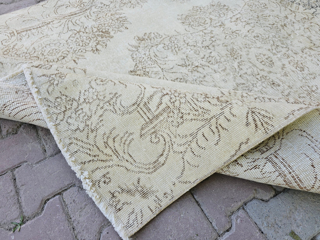6x9 Vintage Turkish Oushak Rug: Cream Wool Area Rug