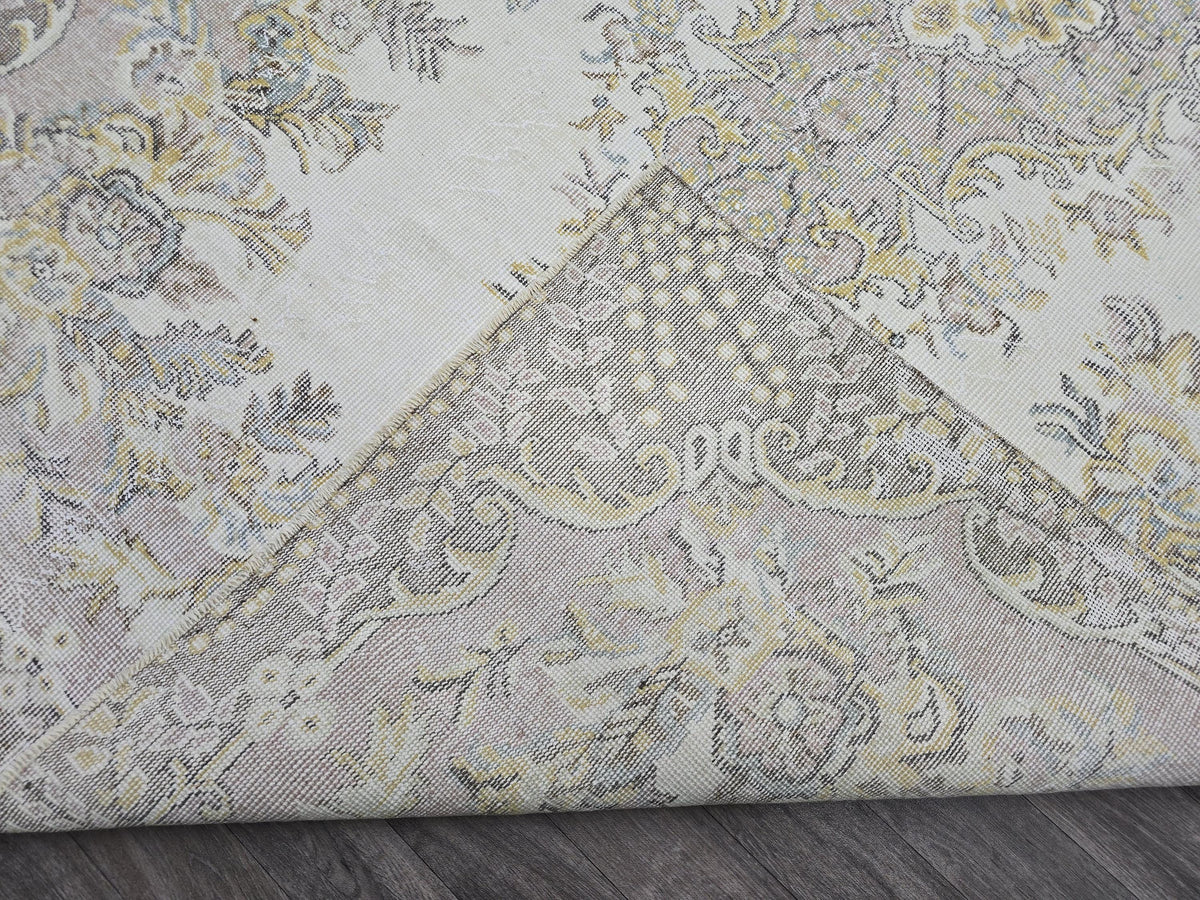 Hand Knotted Turkish Vintage Area Rug – 5.4x9 ft | Cream, Pink, Brown, Gold Accents