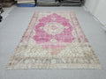 Vintage Turkish Oushak Rug: 7x11 Pink Floral Wool Carpet