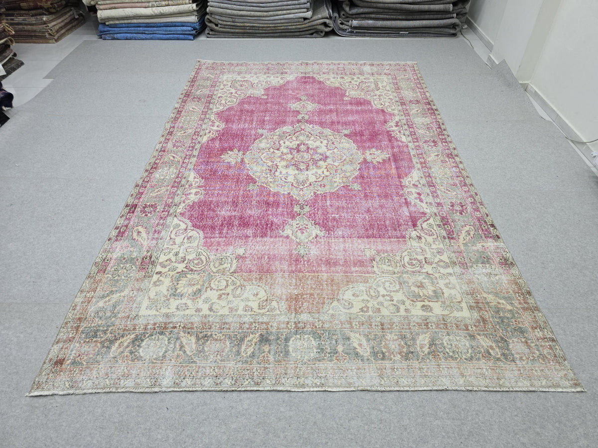 Vintage Turkish Oushak Rug: 7x11 Pink Floral Wool Carpet