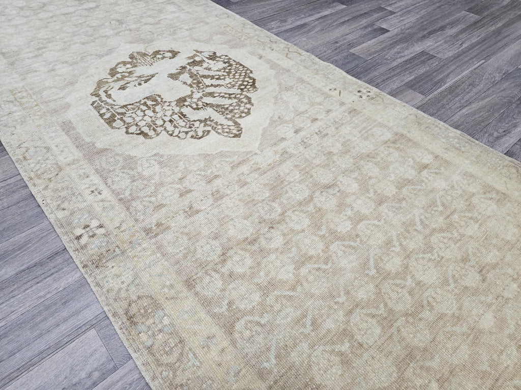 Hand Knotted Wool Oushak Runner: 4x13 Neutral Turkish Vintage Rug