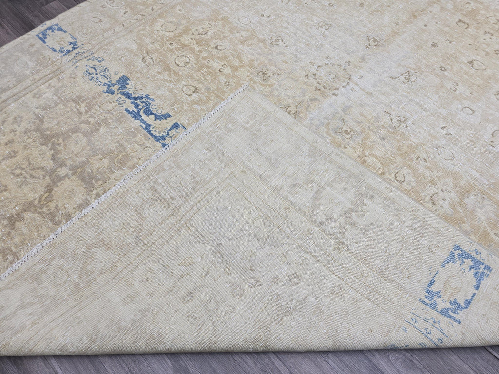 Vintage Turkish Oushak Rug 9x12: Handmade Wool Cream & Blue Boho Carpet