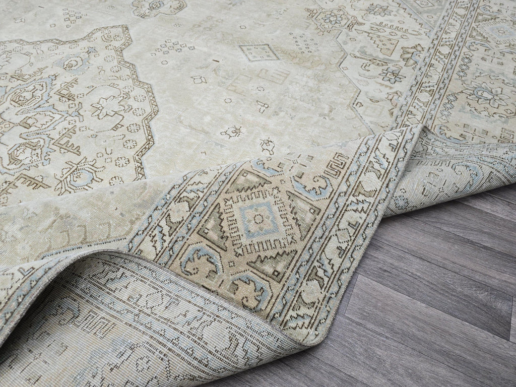 Vintage 9x12 Hand-Knotted Wool Rug: Distressed Neutral Turkish Oushak