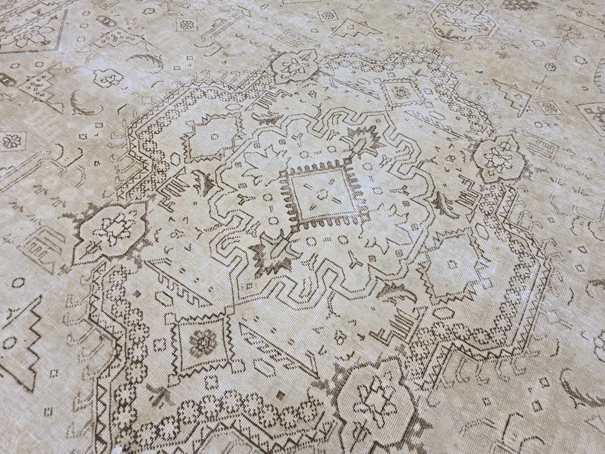 Oversized Turkish Oushak Rug: 9.65 x 12.6 Beige Medallion Wool Carpet