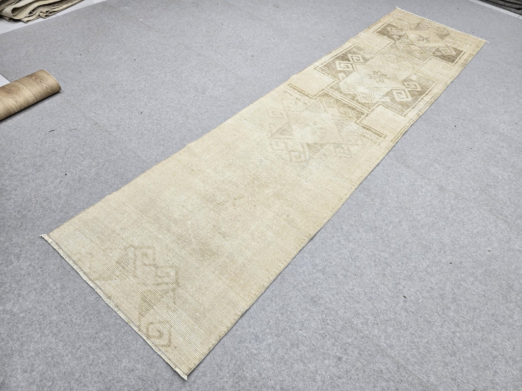 Turkish Rug 3x10 Wool Runner Rug for Narrow Hall, Star Medallion Tribal Carpet, Earth tone Brown Rug, Boho Decor