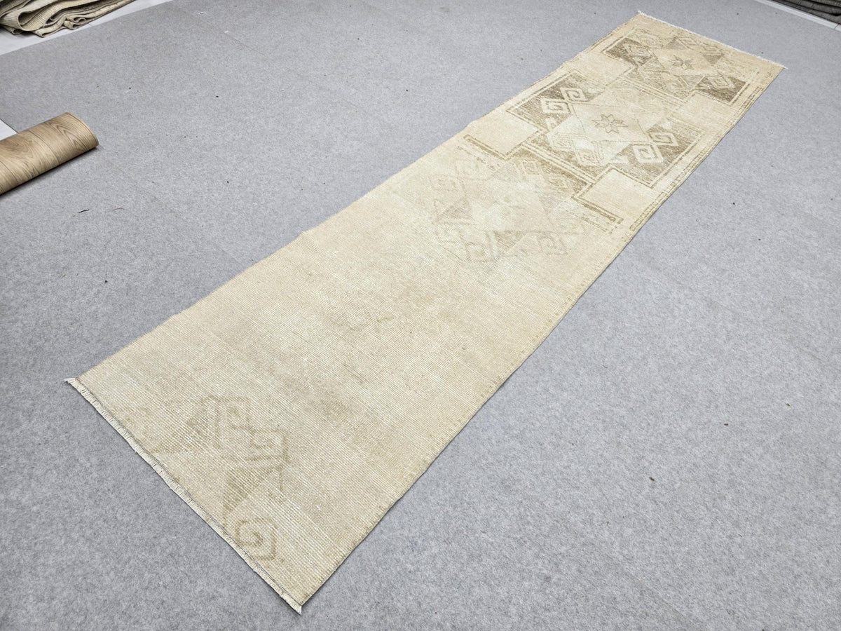 Turkish Rug 3x10 Wool Runner Rug for Narrow Hall, Star Medallion Tribal Carpet, Earth tone Brown Rug, Boho Decor