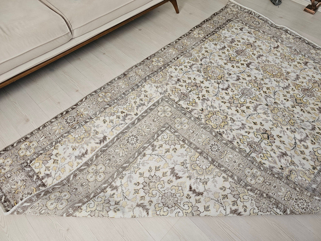 5x8 Oushak Vintage Cream Floral Design Wool Turkish Rug - Handmade Wool Oushak Carpet // 5.35x8.30 feet