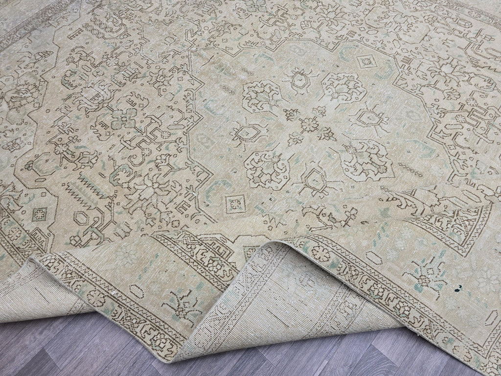 9x12 Vintage Heriz Rug: Neutral Oriental Wool, Large Area Rug