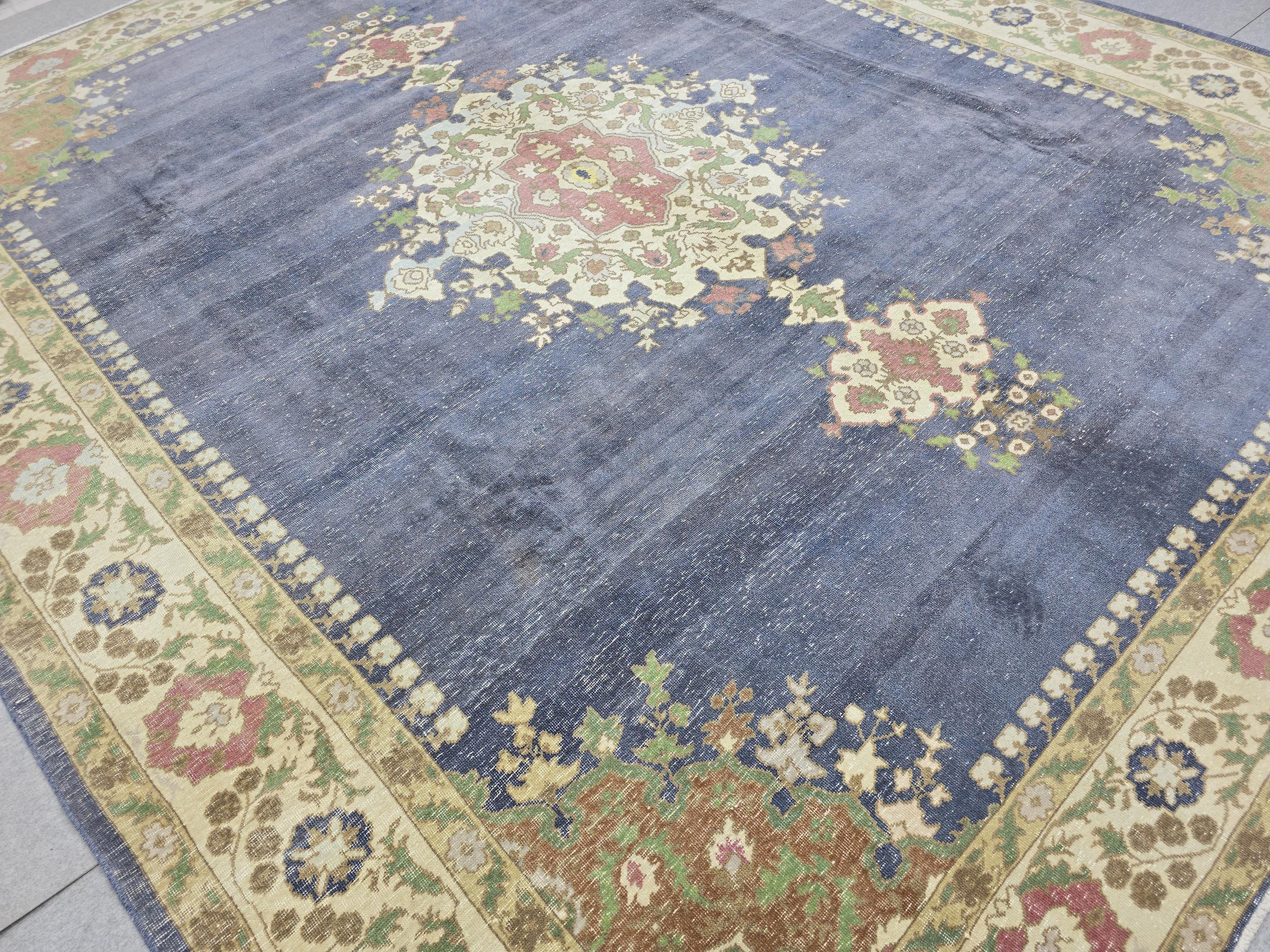 Vintage Turkish Hand-Knotted Wool Rug, Blue Medallion Distressed Area Carpet (10x12)