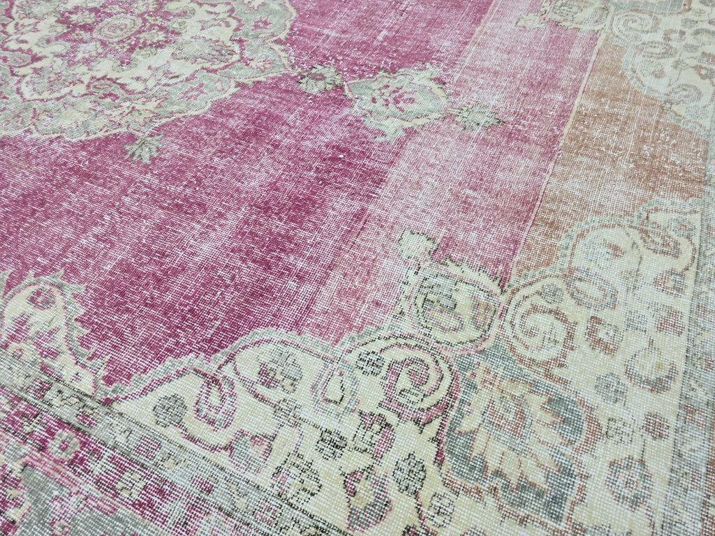 Vintage Turkish Oushak Rug: 7x11 Pink Floral Wool Carpet
