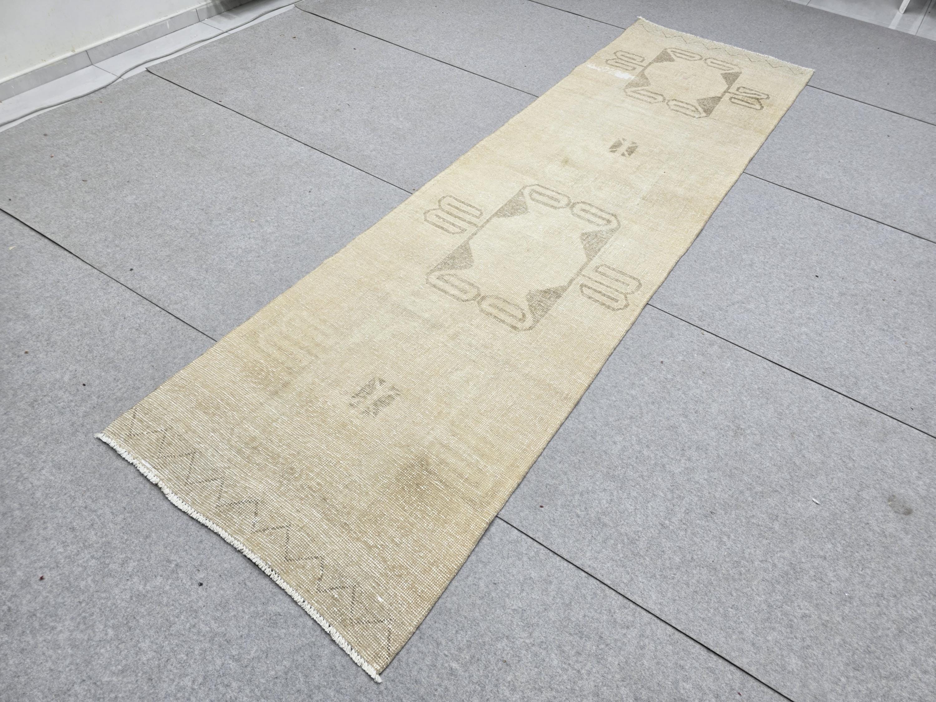 Antique Turkish Runner Rug 3x10, Camel Tribal Hallway Runner, Twin Medallion Wool Kitchen Runner, Boho Foyer Rug for Farmhouse Decor