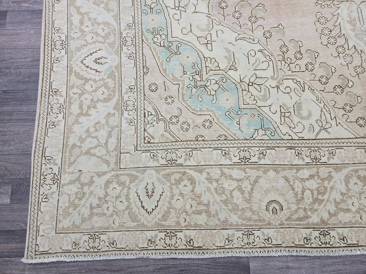 10x12 Blush Vintage Handmade Rug Pink Blue Tan Color Neutral Palette / 9.65X12.3 feet