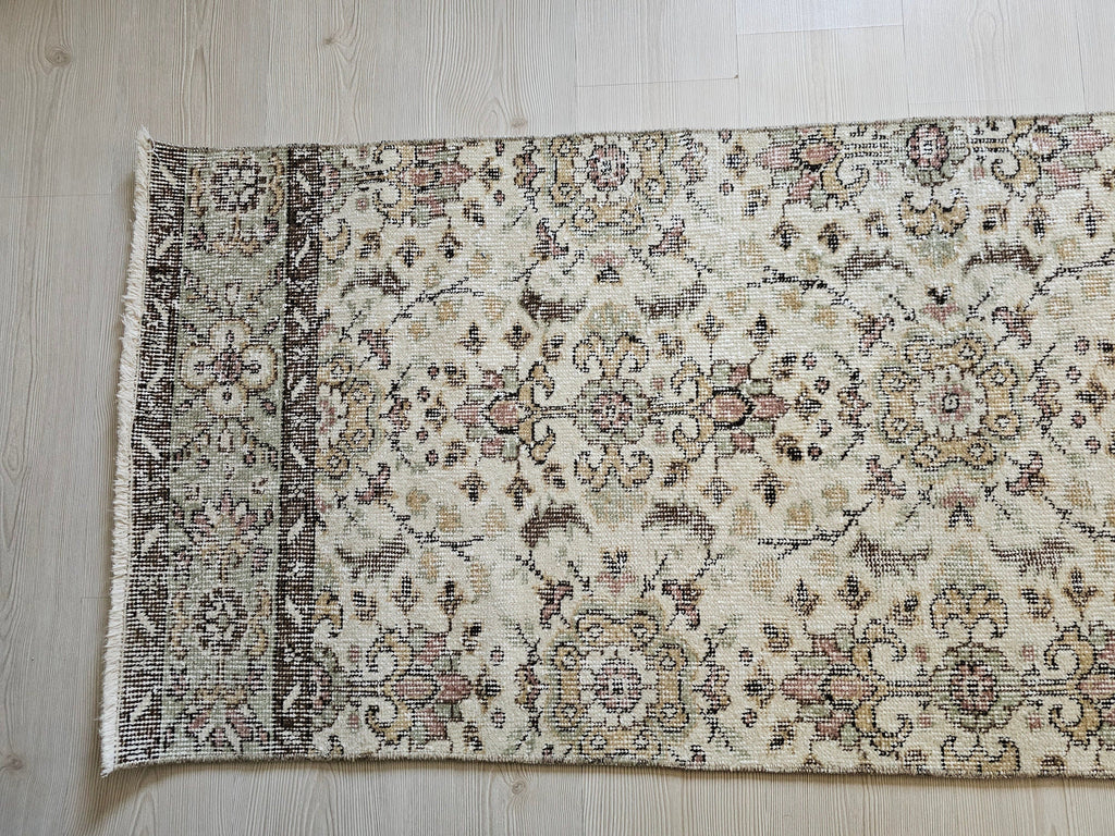 Hand Knotted Wool Runner Rug: 2x10 Vintage Floral Oushak Design