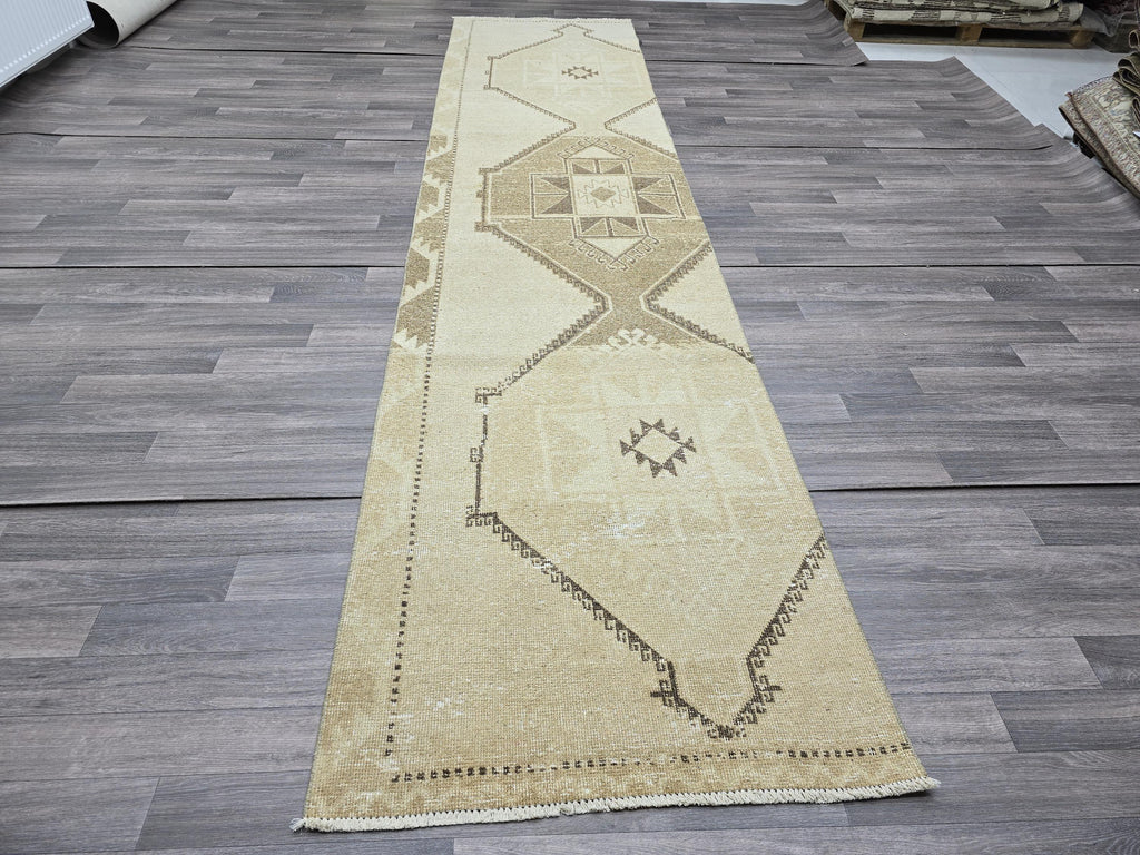 Vintage Anatolian Runner Rug: Cream Beige Wool Hallway Carpet, 3x13 Boho Rug